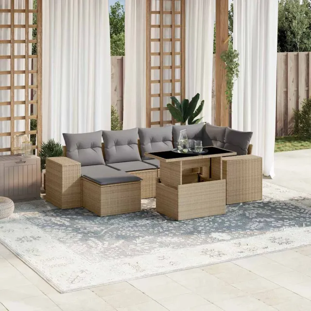 vidaXL 7-delige Loungeset met kussens poly rattan beige, foto 2