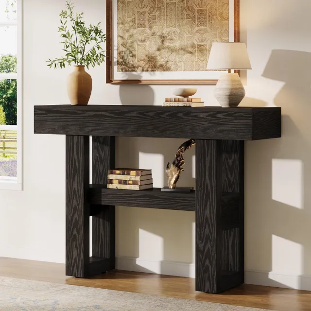 Little Trees LITTLE TREE Consoletafel - Sidetable - Hout - Zwart - Rustiek - 105x30x80 cm - Smalle 2-Lagige Tafel - Voor Hal En Woonkamer