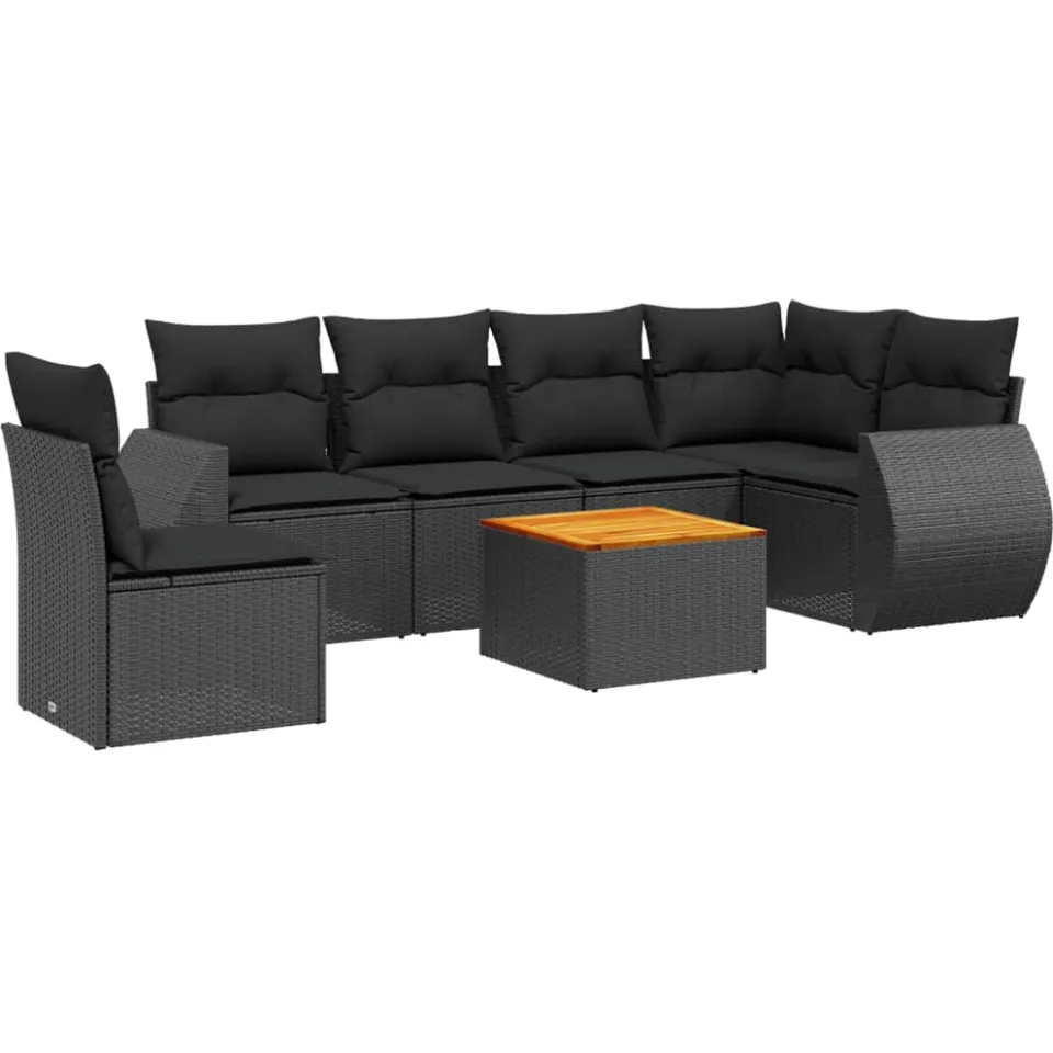vidaXL 7-delige Loungeset met kussens poly rattan zwart, foto 3