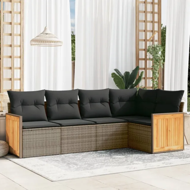 vidaXL 5-delige Loungeset met kussens poly rattan grijs, foto 2
