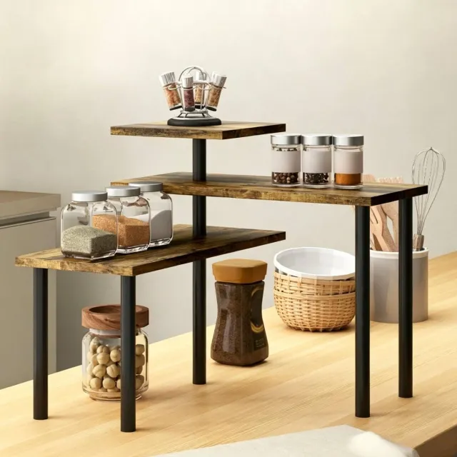 REDOM Tafelrek - Draaibaar 3-laags opbergrek - Open structuur - Hoekopstelling - Metaal en spaanplaat - Zwart en bruin - 40 x 18 x 36,5 cm