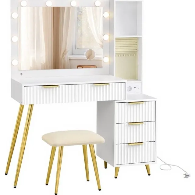 Klarven Kaptafel Wolkenwit - Kaptafel met Spiegel - Kaptafel Kruk - Make-up Tafel - Vanity Table - LED Verlichting, 9 Lades, Inclusief Kruk en Oplaadstation