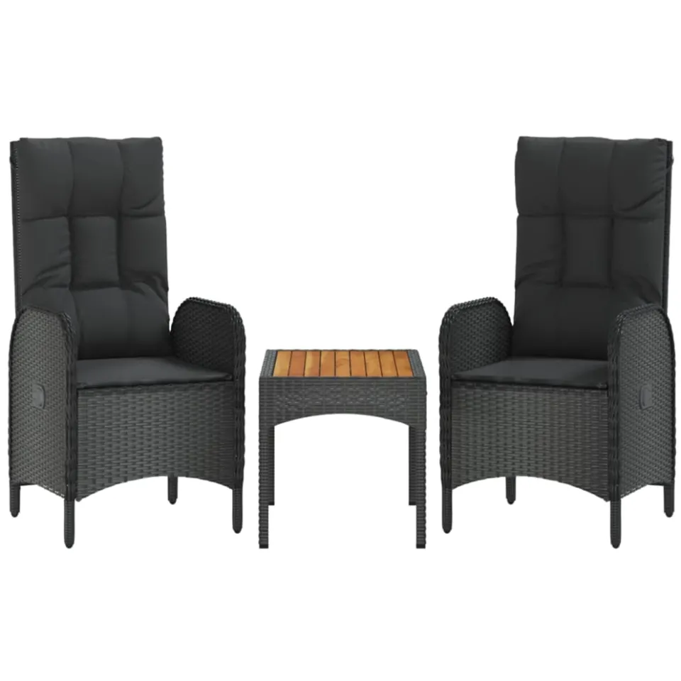 vidaXL 3-delige Loungeset met kussens poly rattan zwart, foto 3