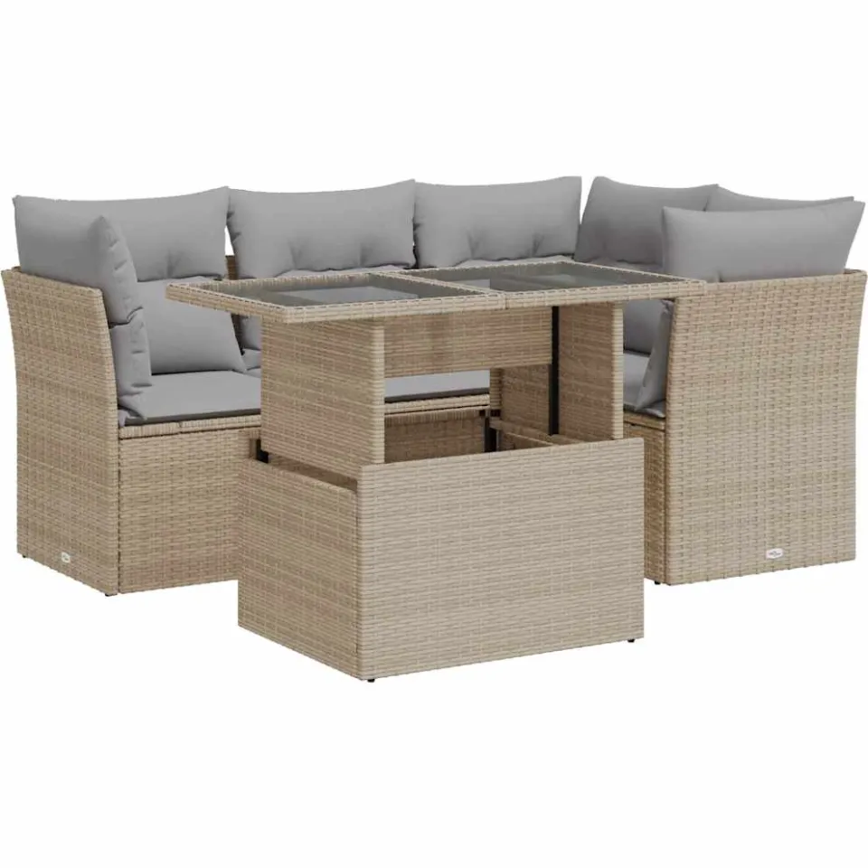 vidaXL 5-delige Loungeset met kussens poly rattan beige, foto 3