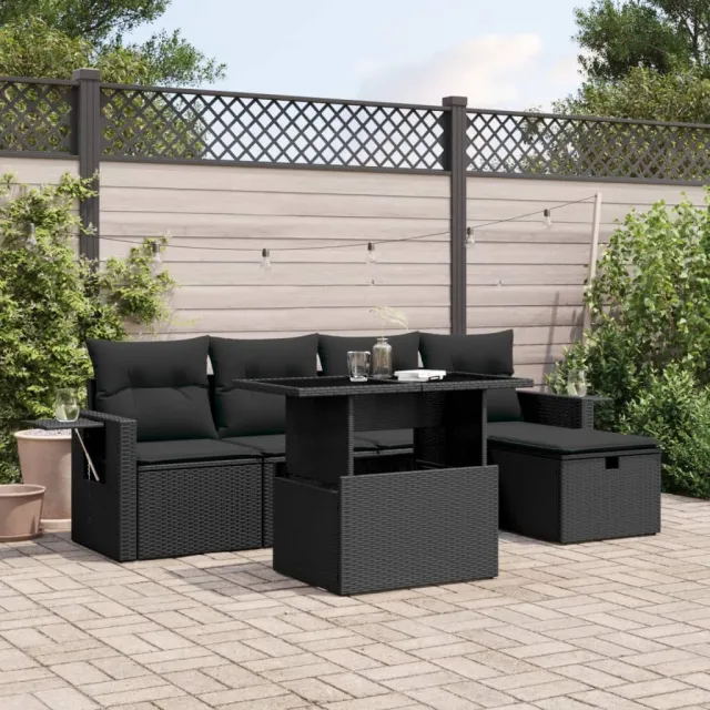 vidaXL 6-delige Loungeset met kussens poly rattan zwart, foto 2