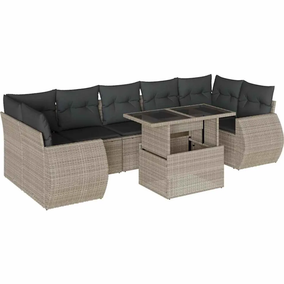 vidaXL 8-delige Loungeset met kussens poly rattan lichtgrijs grijs, foto 3
