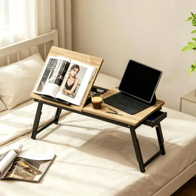 FloraGrace Bedtafel - Opklapbaar, Hoogteverstelbaar Met Kantelblad En Schuiflade - Voor Bed Of Bank - Bamboe - 83,5x33x23,5-34 Cm - Zwart En Eik