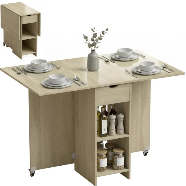 Homcom Uitschuifbare Klaptafel 2-4 Personen - Inklapbare Eettafel met Opbergruimte - Naturel natuurlijk hout