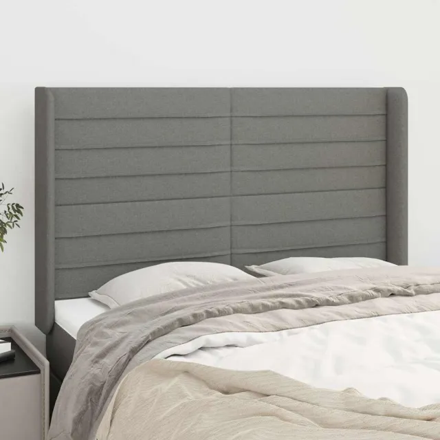 vidaXL Hoofdbord met randen 147x16x118/128 cm stof donkergrijs grijs