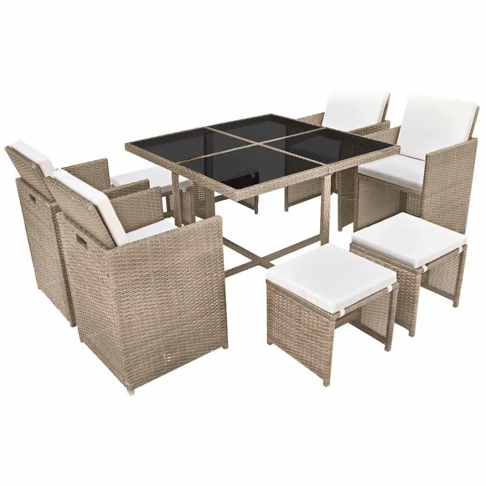 vidaXL 9-delige Tuinset met kussens poly rattan beige