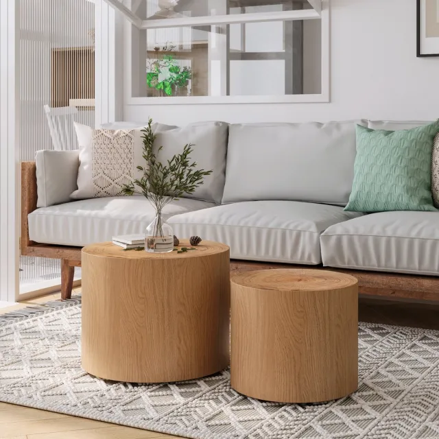 REDOM Salontafelset - Ronde Nesttafels - Landelijke Stijl - Voor Woonkamer Of Balkon - Massief Hout En MDF - Naturel Natuurlijk hout