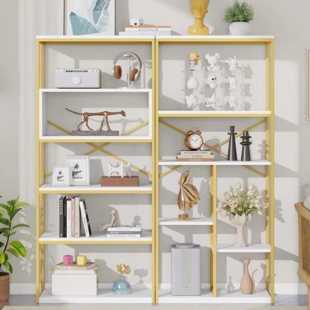 REDOM Boekenkast - Open kast met meerdere planken - X-versteviging - Modern-minimalistische stijl - Woonkamer, slaapkamer of kantoor - MDF en metaal - Goud en wit - 160 x 29,5 x 180 cm Goud+wit