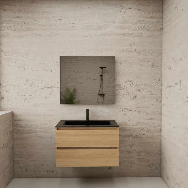 Boss & Wessing ACTIE BWS Badmeubel | Paris | Naturel Eiken 80 cm | Mat Zwart Wastafel | 1 Kraangat