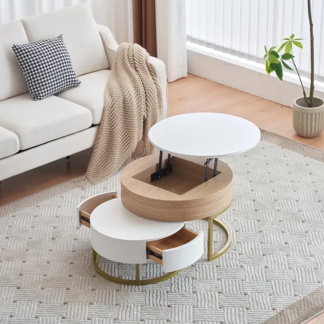 Wishdor Nestbare bijzettafelset 2-delig — verstelbare salontafel MDF, wit met houtlook, gouden metalen frame, opberglades