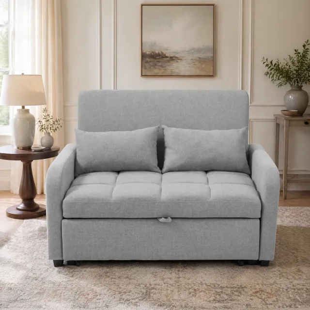MEUNIQ slaapbank 2-zits 127 x 75 x 94 cm, uitklapbaar tot bed, verstelbare rugleuning, met 2 kussens, grijs, voor woonkamer en logeerkamer Antiekgrijs