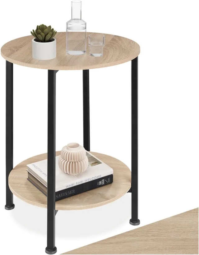 Tectake Ronde Bijzettafel van Hout en Metaal – Industrieel Design, Salontafel met 2 Legplanken, Ø 45x64 cm, Voor Woonkamer of Slaapkamer, Zwart Metalen Frame – Licht Sonoma Eiken Lichtbruin - Eiken Sonoma