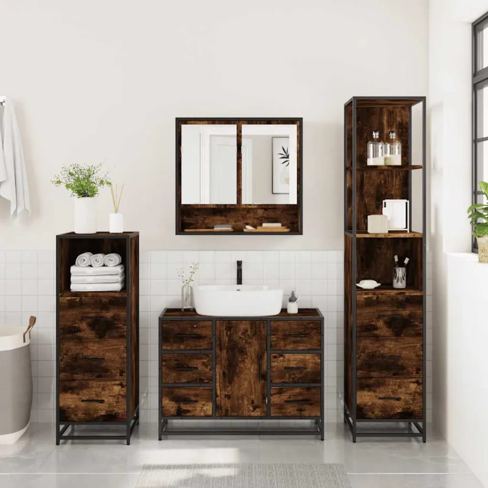 vidaXL 4-delige Badkamermeubelset bewerkt hout gerookt eikenkleurig, foto 4