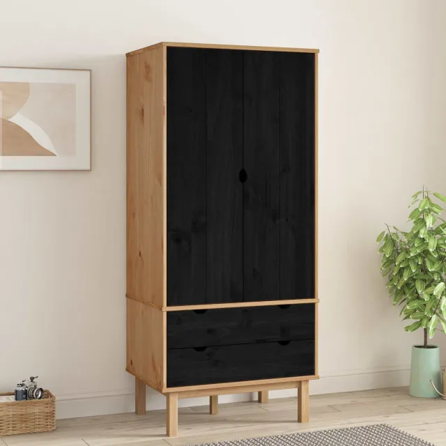 vidaXL Kledingkast OTTA Zwart 76,5 x 53 x 172 cm Massief grenenhout, foto 2