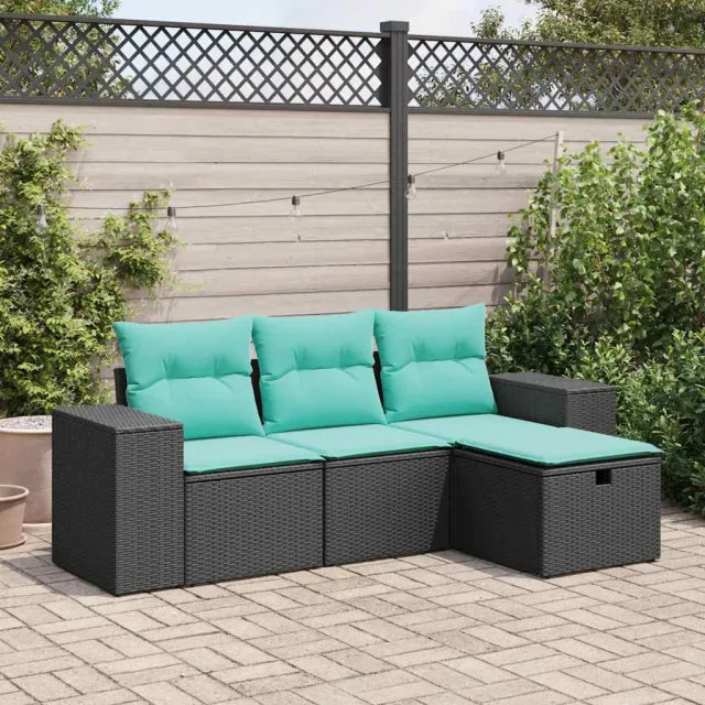 vidaXL 4-delige Loungeset met kussens poly rattan zwart, foto 2