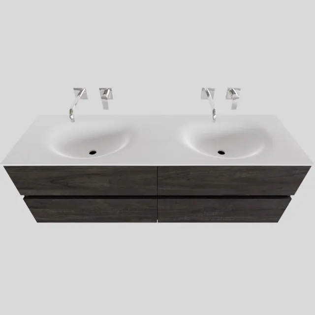 Boss & Wessing Badkamermeubel Solid Surface BWS Stockholm 150x46 cm Dubbel Wood Dark Brown 4 Laden (0 kraangaten) Houtlook