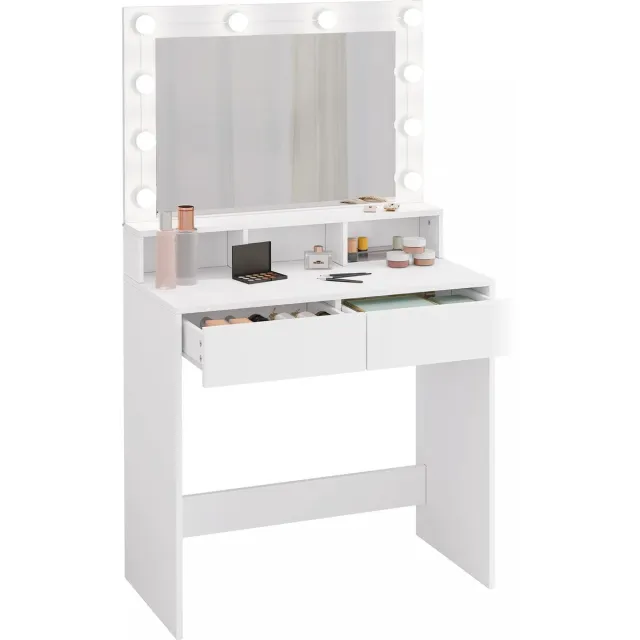DHN Make-up tafel - Met verlichting - Kaptafel Met Verstelbare Led Verlichting Spiegel 2 Laden - Commode met Verlichting - Wit