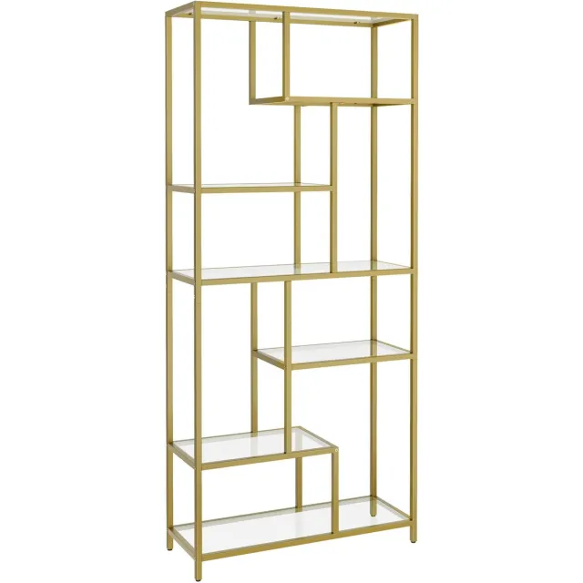 Linkforu Boekenplank - Boekenkast - Boekenrek - Decoratierek - Stellingskast - Geharde Glazen Plateaus – Goud – 30x80x180 cm