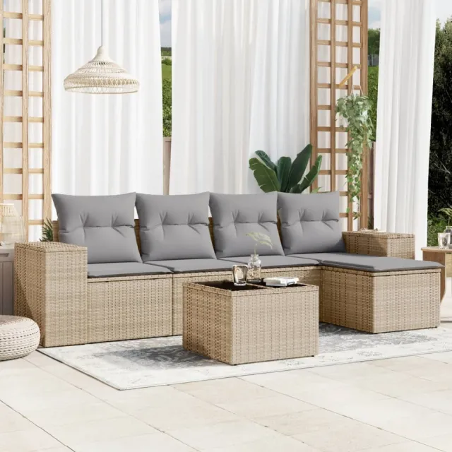 vidaXL 6-delige Loungeset met kussens poly rattan beige, foto 2