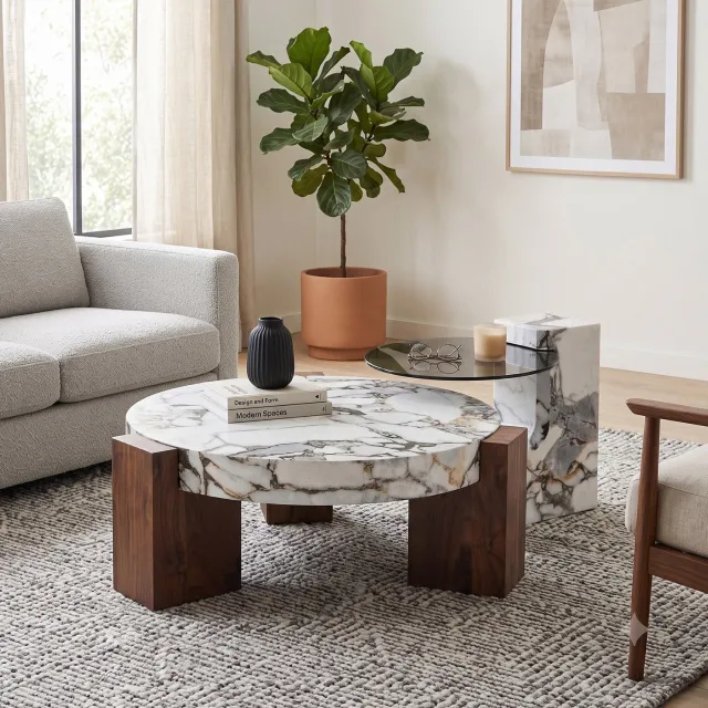 DESMIU Salontafelset - Twee Ronde Tafels met Marmerlook - Samen of Apart voor Woonkamer en Slaapkamer - MDF - Wit - Diameter 61 en 44 cm