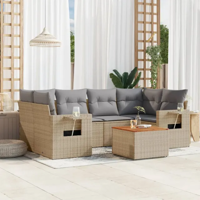 vidaXL 7-delige Loungeset met kussens poly rattan gemengd beige, foto 2