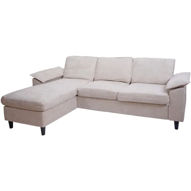 MCW Bankstel MCW-O71, L-vormige hoekbank, ligvlak links/rechts, stof (320 g/m²), hout 84x229x140 cm ~ beige