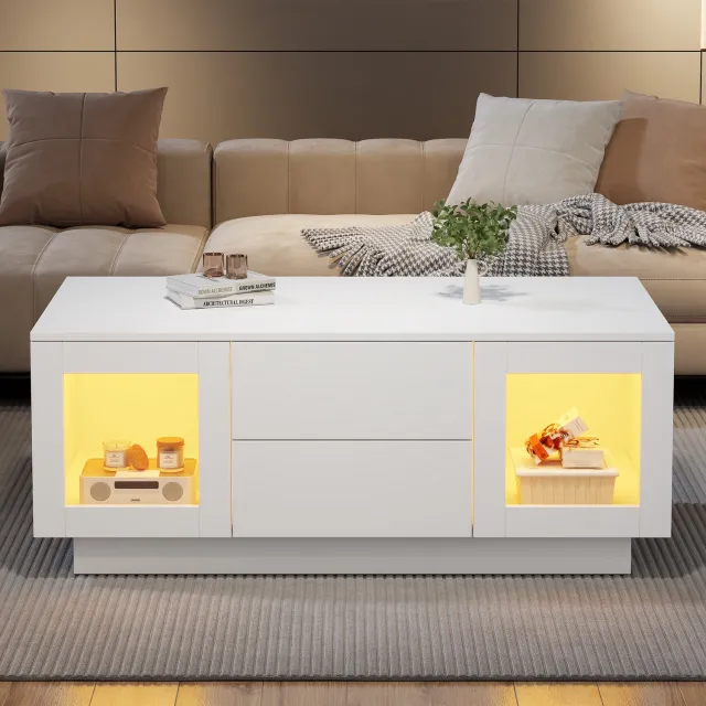 VVBV Salontafel met Opbergruimte 100x50x40 cm – 2 Lades, LED-Verlichting, USB, Dimbaar, Timer, Deuren, Glazen Deuren – Salontafel met Lade – MDF – Wit