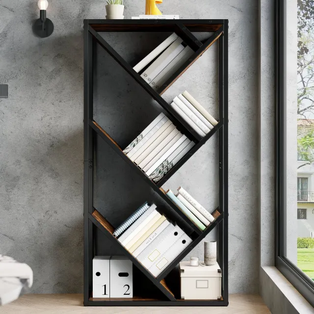 MEUNIQ Boekenkast 80 x 35 x 160 cm met 8 open niveaus, zwart metalen frame en vintagebruine MDF-planken, anti-kantelvoorziening voor woonkamer en werkkamer