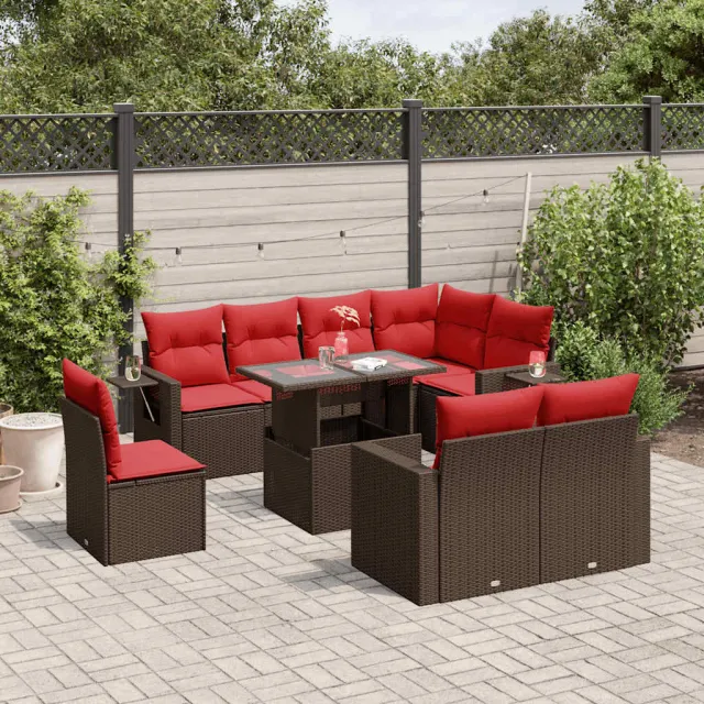 vidaXL 9-delige tuinbankset met kussens, bruin polyrotan