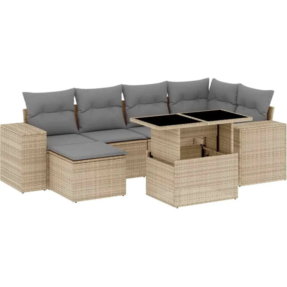 vidaXL 7-delige Loungeset met kussens poly rattan beige