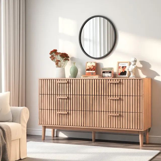 ROSAHQNDA Ladekast Slaapkamer, 6 Laden, Houtkleurige Slaapkamermeubels, Opbergkast, Massief Houten Poten, Dressoir voor Kantoor en Woonkamer Bruin