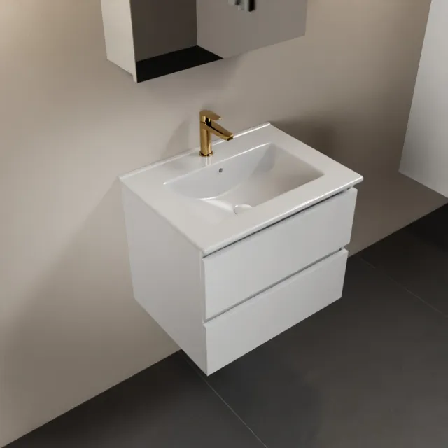 Mondiaz AIVY 60cm badmeubel Talc, wastafel glanzend wit keramiek midden 1 kraangat met spiegelkast (M60100 - AI-M60TAMI - AI-C60TAMI)