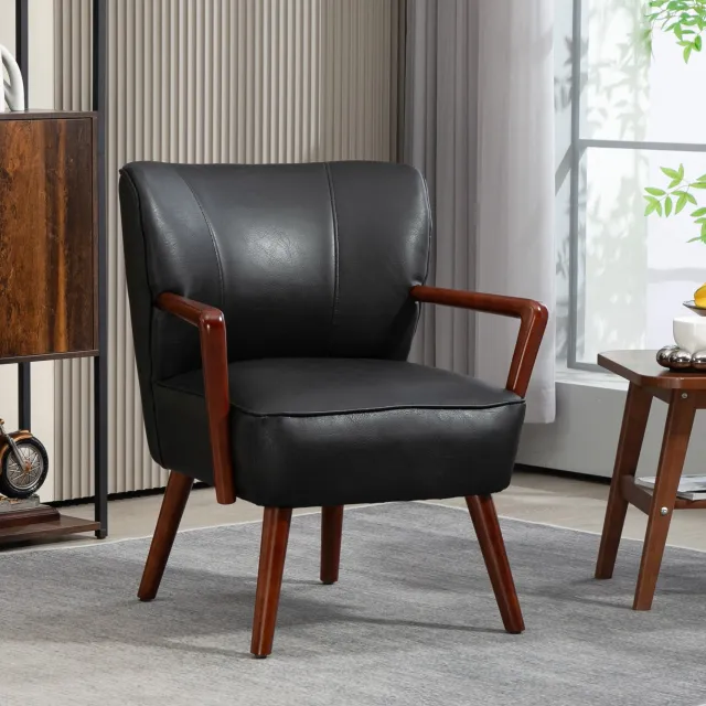 HAUSS SPOLE Fauteuil met Armleuningen - Loungestoel met Gebogen Rugleuning en Verstelbare Voetjes - voor Woonkamer en Slaapkamer - Kunstleer en Hout - Zwart
