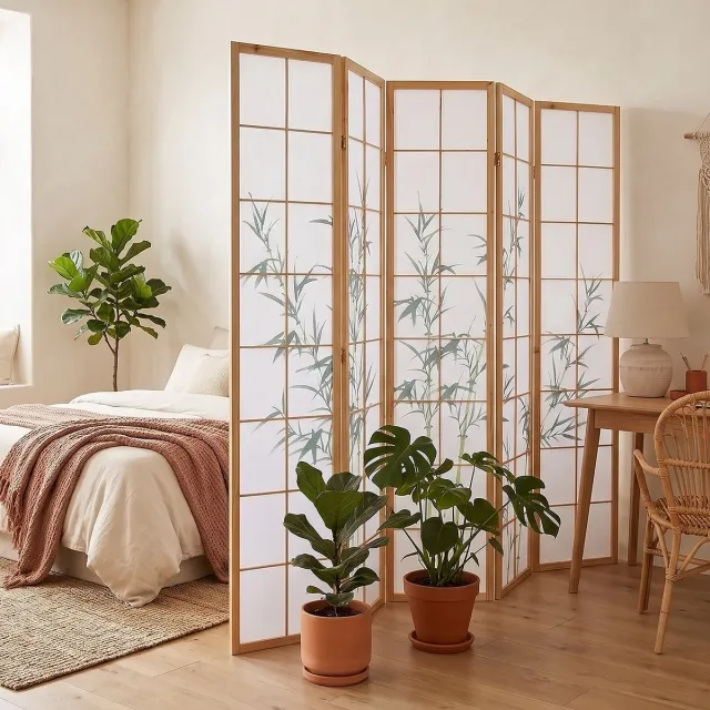 Homestyle4u Kamerscherm 5 panelen - 220x175 cm - groen - 5-delig - bamboepatroon
