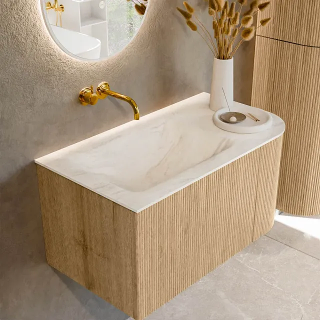 Mondiaz KURVE-DLUX 85 cm Onderkast Greeploos 1 Lade Met Deuren Oak, Wastafel Solid Surface Links Ostra 0 Kraangaten Zonder Spiegel (KRVCLO85R1L1D0KL-Oak/Ost)
