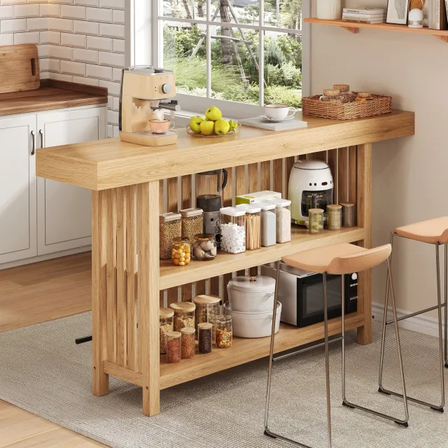 MODENUIT Bartafel - Met Voetsteun En Tweelaags Rek - Voor Keuken En Eetkamer - MDF - Naturel - 160x40x105 Cm