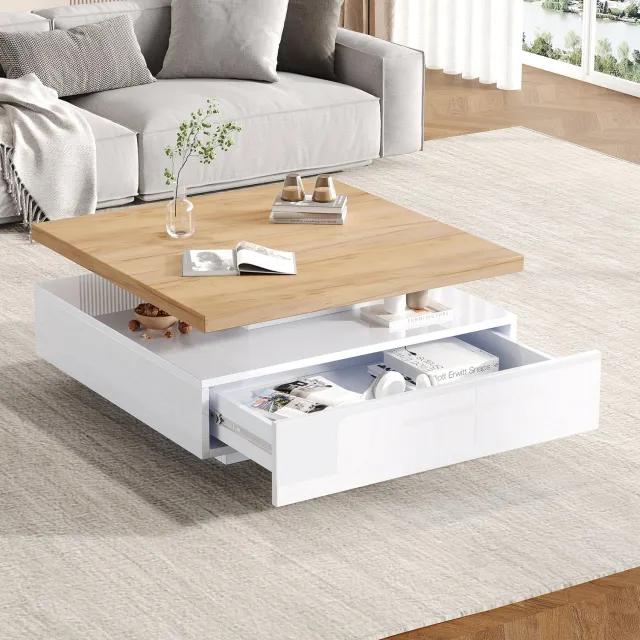 Maisentiel Salontafel 70 x 70 x 36 cm – 360° draaibaar met lade – spaanplaat wit/walnootkleur