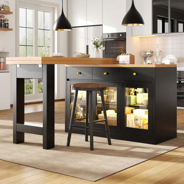 DESMIU Eettafel - Uitschuifbaar Met Ledverlichting En 3 Lades - Modern Voor Keuken En Eethoek - MDF En Metaal - 120-200x40x75,5 Cm - Zwart