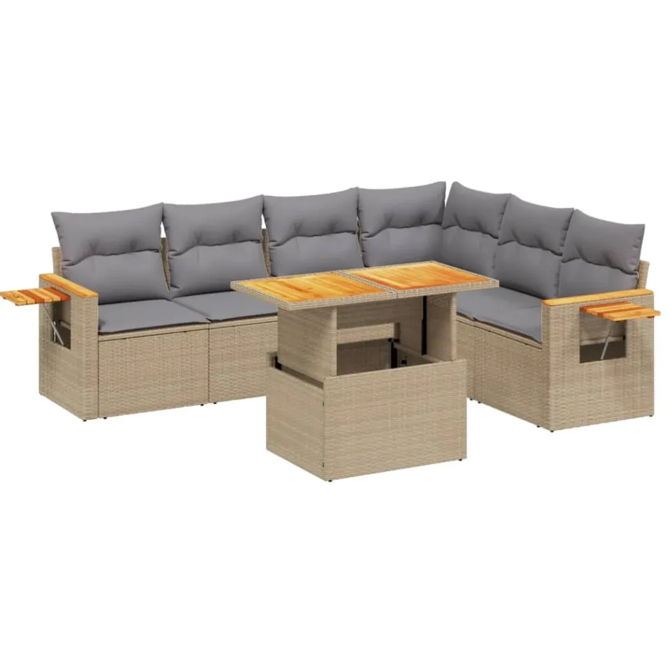 vidaXL 7-delige Loungeset met kussens poly rattan beige, foto 3