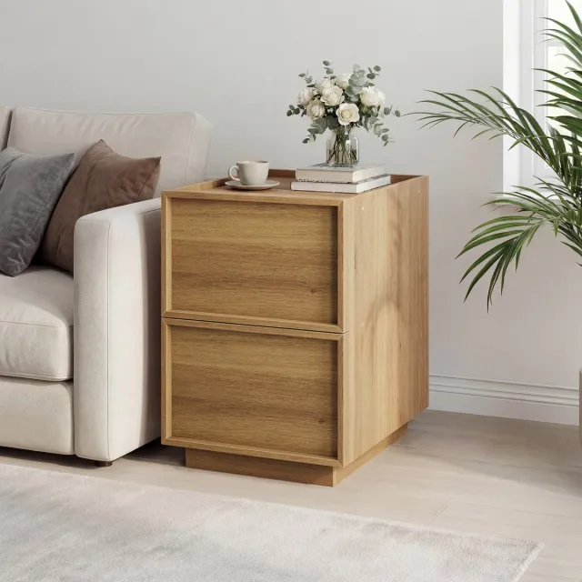 Wishdor Modern Nachtkastje - Bedtafel met Opstaande Rand - 2 Lades - Eikenhout Look - 38x48x54 cm