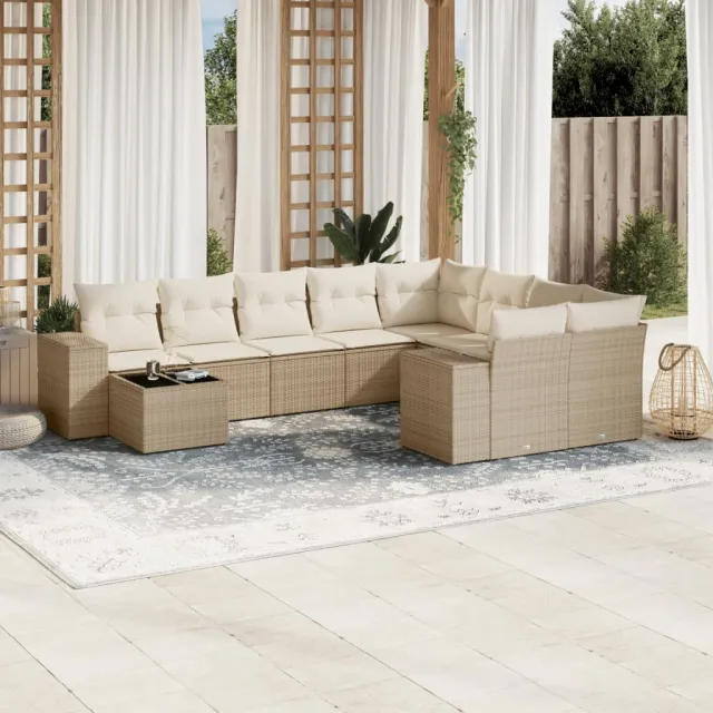 vidaXL 10-delige Loungeset met kussens poly rattan beige, foto 2