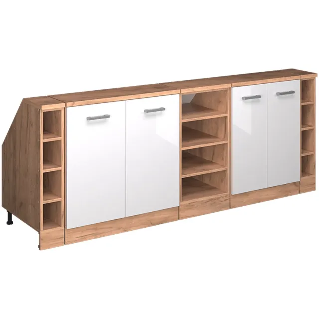 Vicco R-Line Keukenkast voor schuine wand – 210 cm Set van 5 kastrompen 60 cm diepte Wit Hoogglans Wit Hoogglans/Goudkleurig Eiken