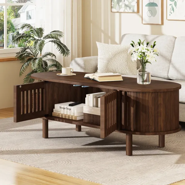 HAUSS SPOLE Salontafel - Ovaal Met Lamellendeuren En Roldeur - Opbergruimte Voor Woonkamer - MDF En Hout - 100x40x38 Cm - Walnootkleur