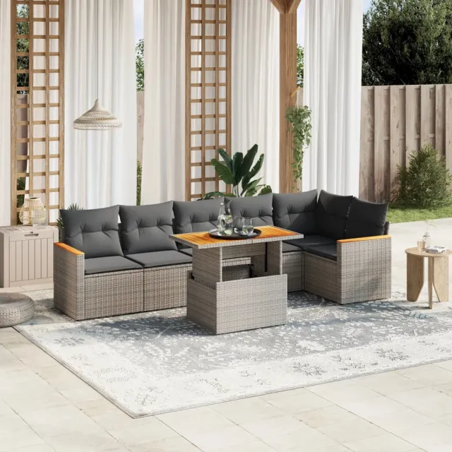 vidaXL 7-delige Loungeset met kussens poly rattan grijs, foto 2