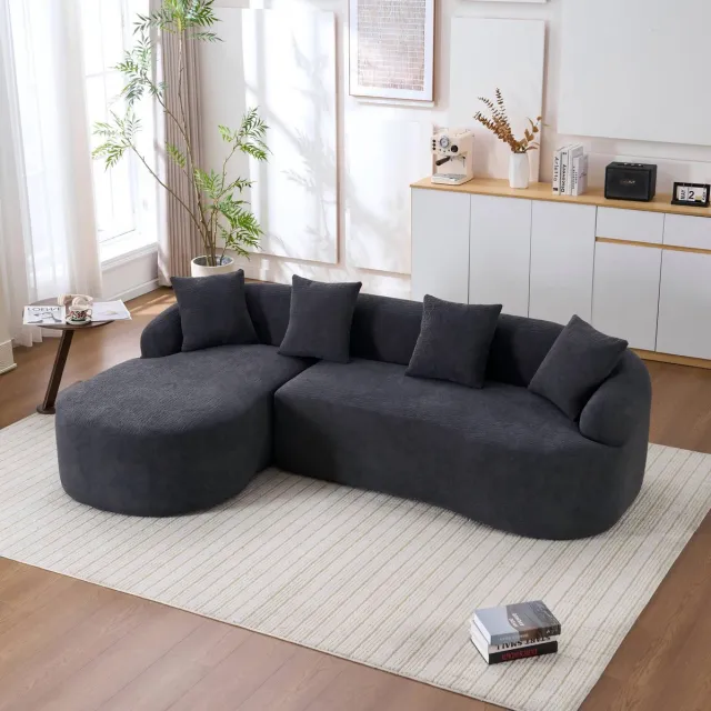 MEUNIQ Modulaire L-vormige hoekbank 243 x 150 cm met linker chaise longue, gebogen chenille bekleding, 3-zits voor woonkamer en kantoor, donkergrijs