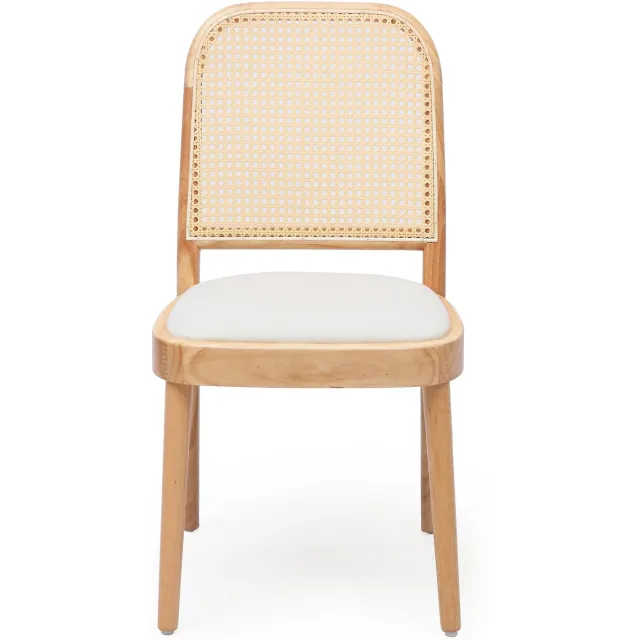 SONNENH Eetkamerstoelen set van 2 met massief houten frame, rotan rug en licht gestoffeerde zitting - Naturel Naturel en lichtbeige